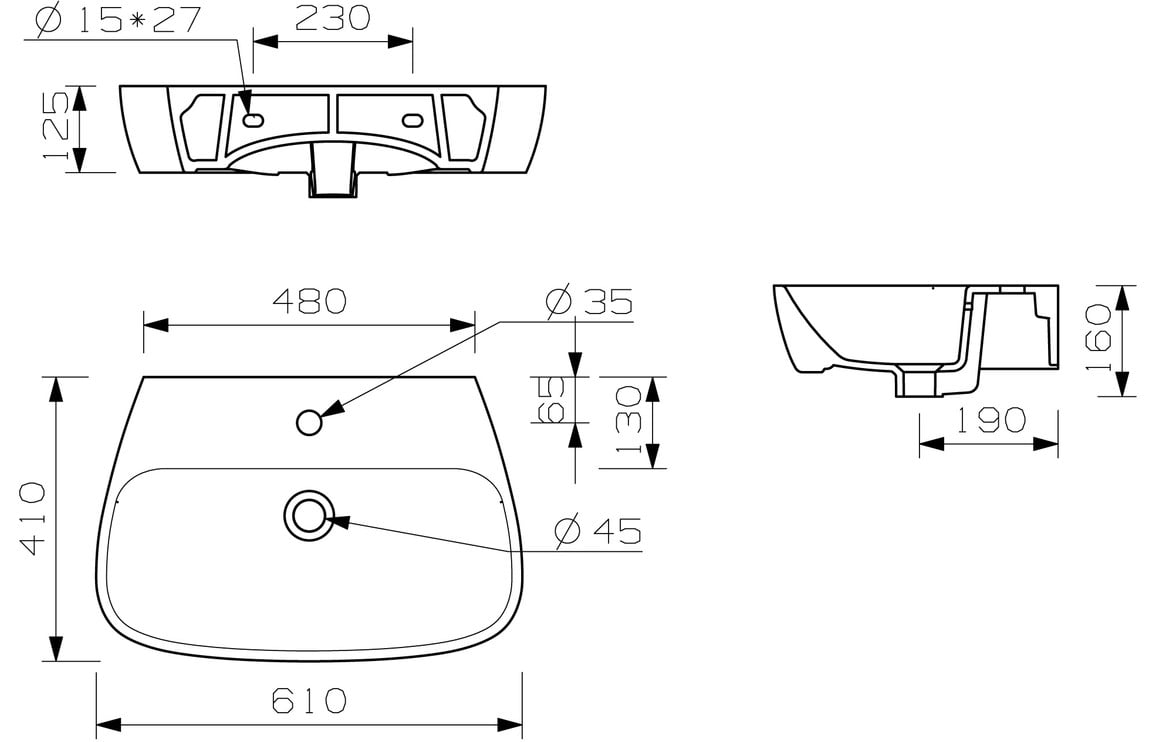 Sidra 600x400mm 1TH Basin & Semi Pedestal