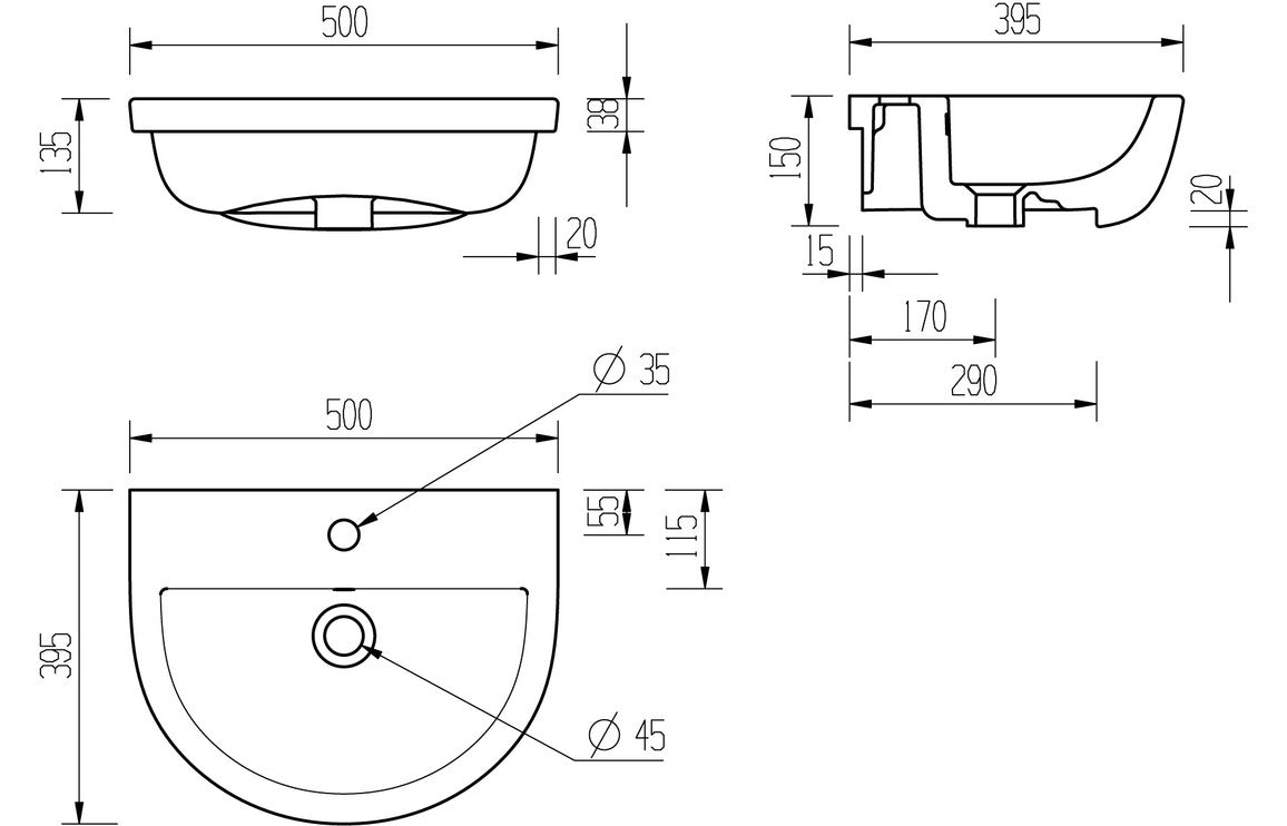 Thalassa 500x390mm 1TH Semi Recessed Basin
