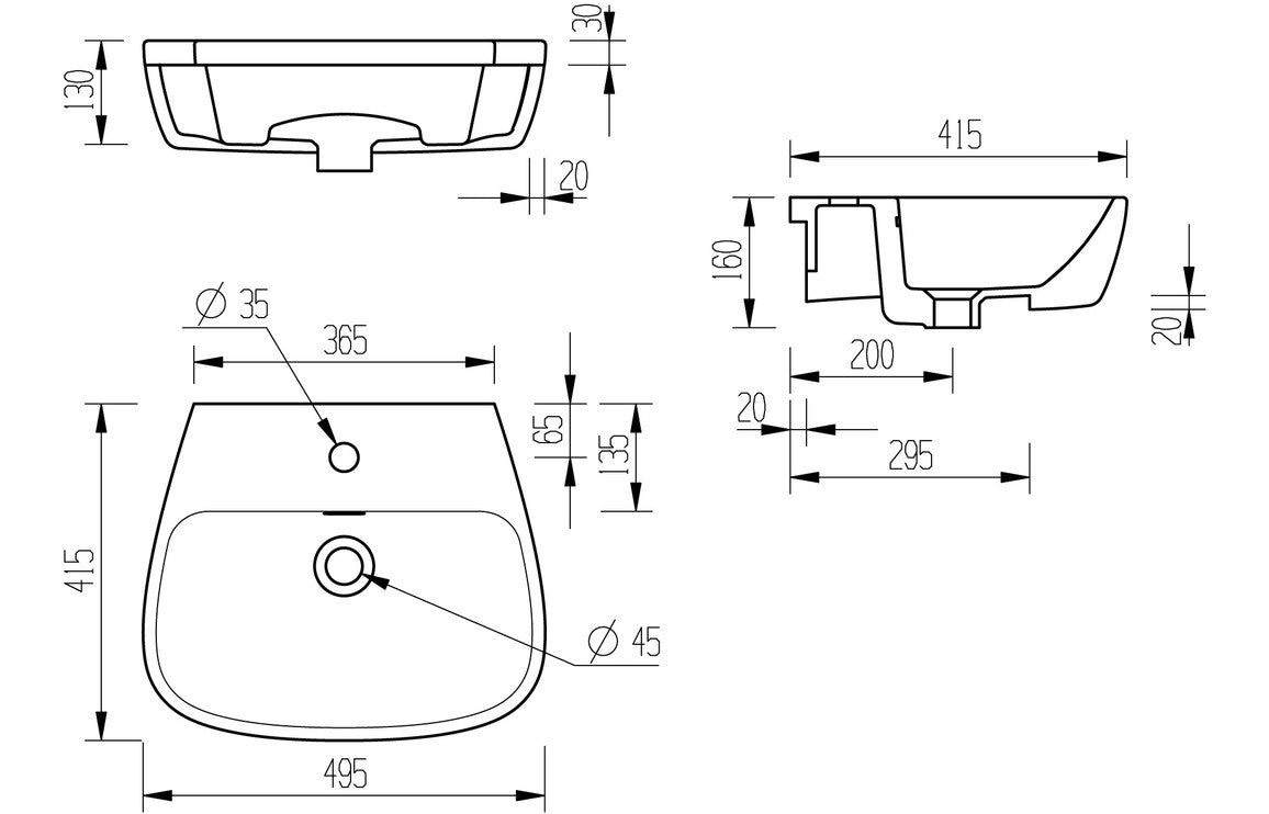 Altair 495x415mm 1TH Semi Recessed Basin