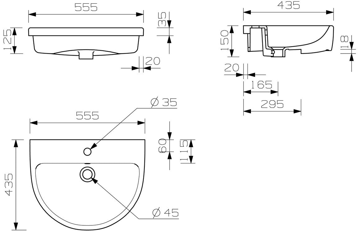 Orpheus 555x435mm 1TH Semi Recessed Basin