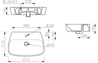 Sidra 600x400mm 1TH Basin & Semi Pedestal