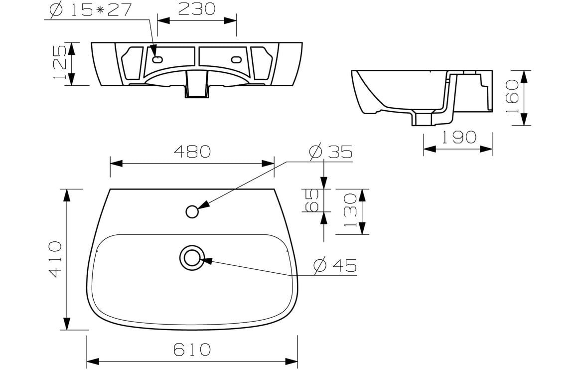 Altair 600x400mm 1TH Basin & Semi Pedestal