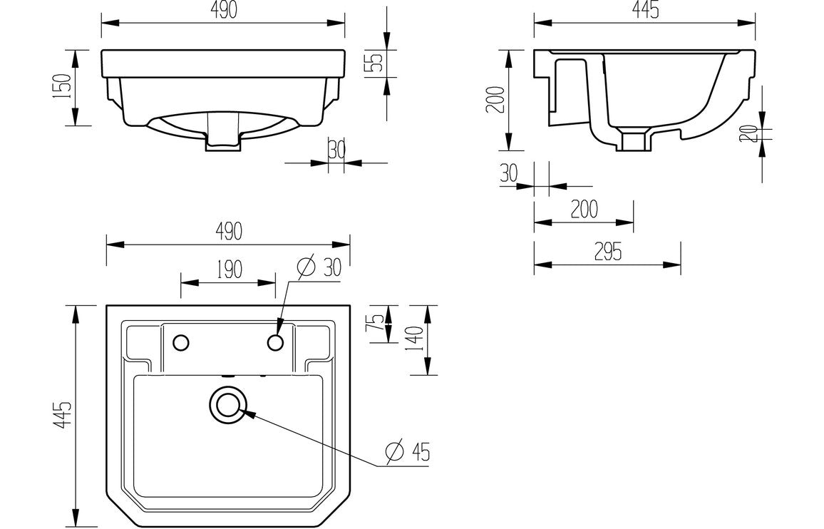 Solaris 500x450mm 2TH Semi Recessed Basin