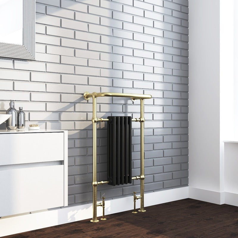 Oxford Towel Radiator – Brushed Brass Frame
Black Columns 
Angled 