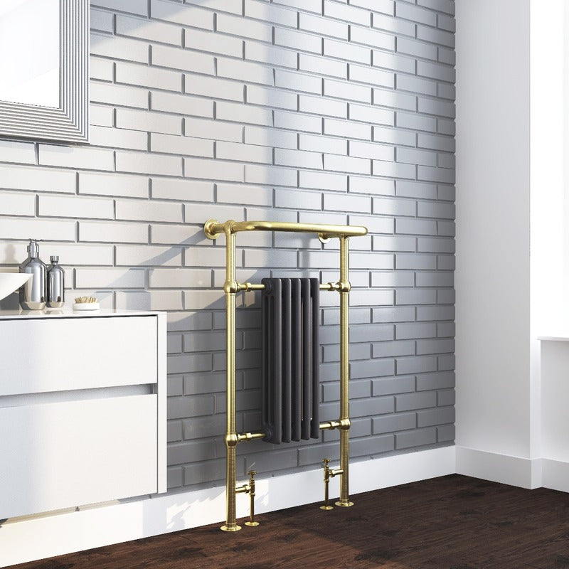 Oxford Towel Radiator – Brushed Brass Frame
Anthracite Columns 
Angled 