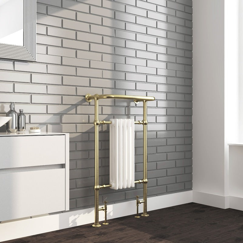 Oxford Towel Radiator – Brushed Brass Frame
White Columns 
Angled 